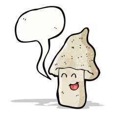 cartoon happy mushroom with speech bubble