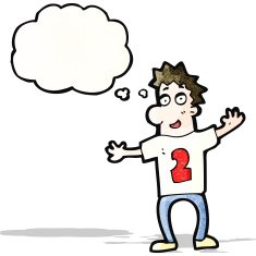 cartoon man with thought bubble wearting numbered shirt