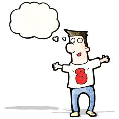 cartoon man with thought bubble wearting numbered shirt N3