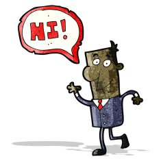 cartoon motivational speaker saying hi