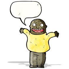cartoon happy bald man shrugging shoulders
