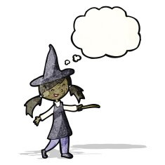cartoon witch girl with thought bubble