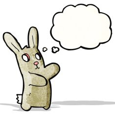 cartoon blind rabbit with thought bubble