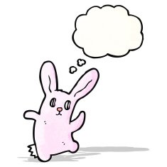 cartoon spooky pink rabbit with thought bubble