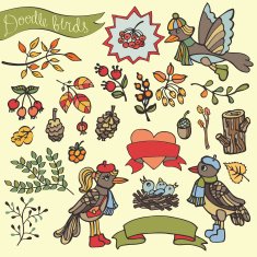 Doodle birds berries braches wood decor Autumn woodland N2