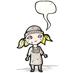 cartoon poor orphan girl with speech bubble