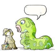 cartoon explorer boy and giant caterpillar