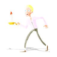 cartoon frightened man walking with candlestick