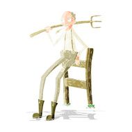 cartoon old farmer leaning on fence