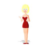 cartoon confused woman in cocktail dress