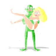 cartoon swamp monster carrying woman in bikini