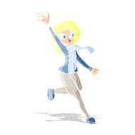 cartoon woman waving dressed for winter
