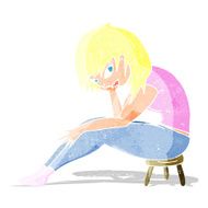 cartoon woman sitting on small stool