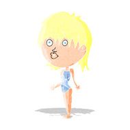 cartoon woman in swimsuit shrugging shoulders