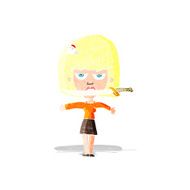 cartoon woman with knife between teeth