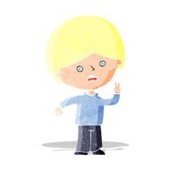 cartoon unhappy boy giving peace sign