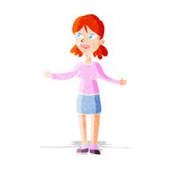 cartoon happy woman shruggin shoulders