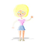cartoon waving woman wearing spectacles
