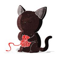 cartoon cute black cat playing with ball of yarn