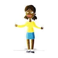 cartoon happy woman shrugging shoulders