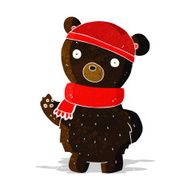 cartoon black bear in winter hat and scarf