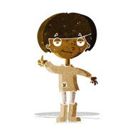 cartoon boy in poor clothing giving thumbs up symbol