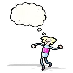 cartoon doll with thought bubble
