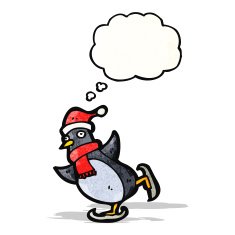 cartoon ice skating penguin with thought bubble