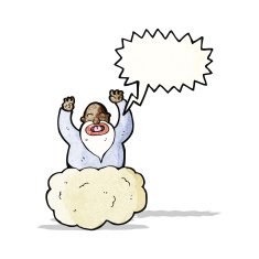 cartoon god on cloud with speech bubble