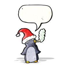 cartoon penguin in christmas hat smoking cigarette