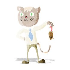 cartoon business cat with dead mouse