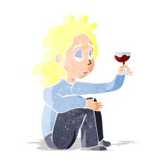 cartoon unhappy woman with glass of wine