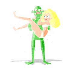 cartoon swamp monster carrying woman in bikini