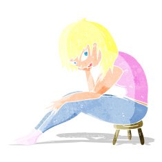 cartoon woman sitting on small stool