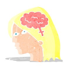 cartoon female head with brain symbol