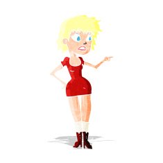 cartoon worried woman in dress pointing