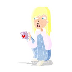 cartoon woman sitting with cup of coffee