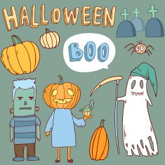 Cute cartoon halloween symbols collection
