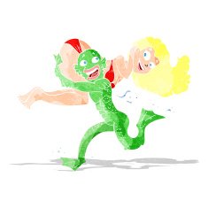 cartoon swamp monster carrying girl in bikini