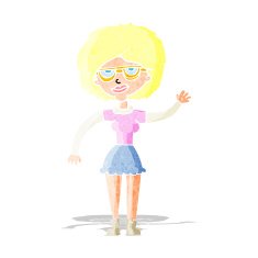 cartoon waving woman wearing spectacles