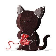cartoon cute black cat playing with ball of yarn