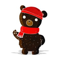 cartoon black bear in winter hat and scarf