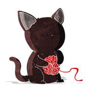 cartoon cute black cat playing with ball of yarn N2
