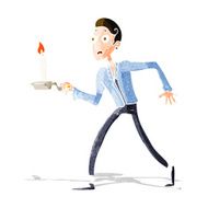 cartoon frightened man walking with candlestick N3