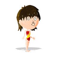 cartoon woman in swimsuit shrugging shoulders N3