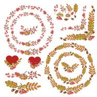 Autumn wreath set Leaves berries branches acorn