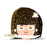 cartoon woman holding knife between teeth N3