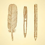 Sketch cute pen feather and pencil in vintage style