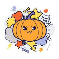 Halloween kawaii print or card with cute doodle pumpkin N2