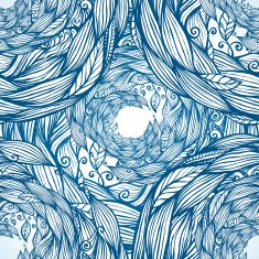 Blue ornate doodle foliage circle seamless pattern